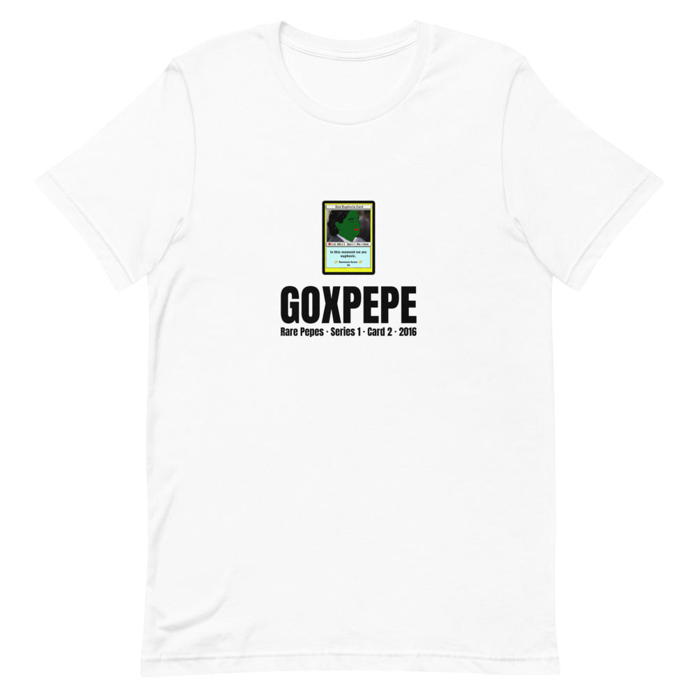 GOXPEPE by Mike — Rare Pepes Series 1 Card 2 — on a white unisex t-shirt, Flat Front, centred