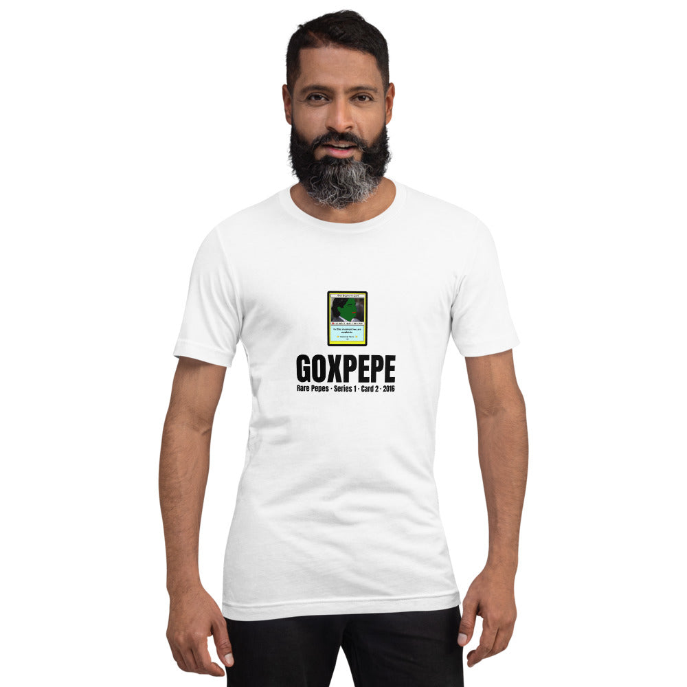 GOXPEPE by Mike — Rare Pepes Series 1 Card 2 — on a white unisex t-shirt, Men's 4 Front, centred