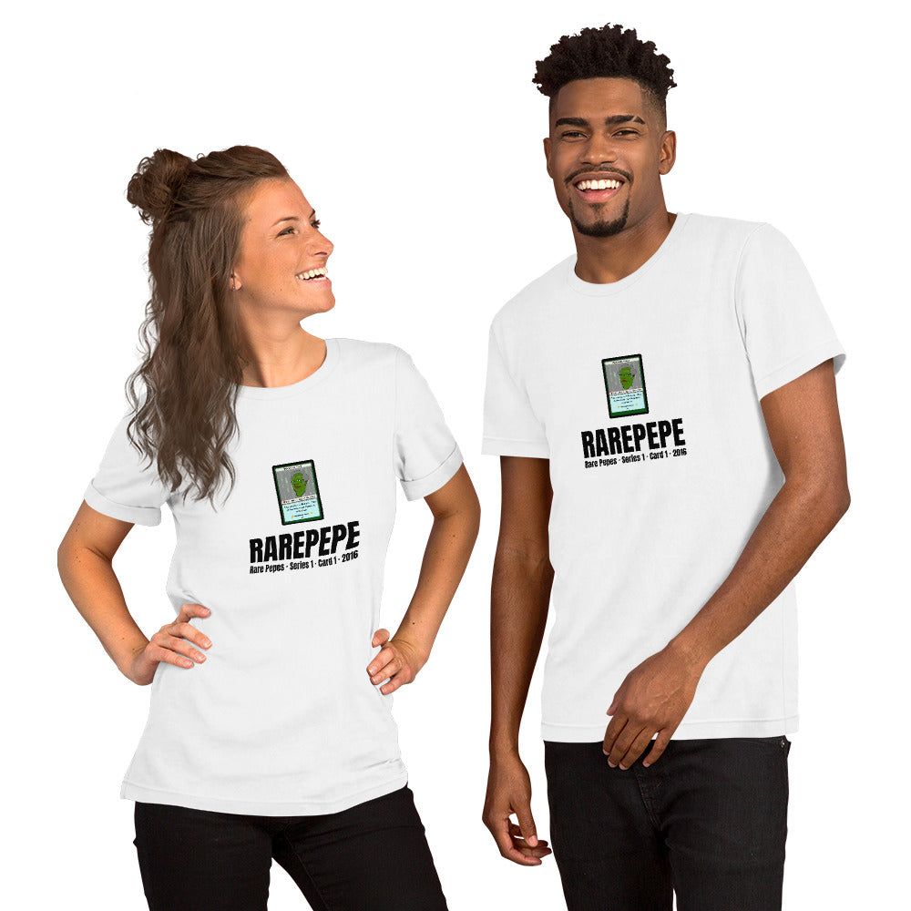RAREPEPE by Mike — Rare Pepes Series 1 Card 1 — on a white unisex t-shirt, Couple's Front, centred