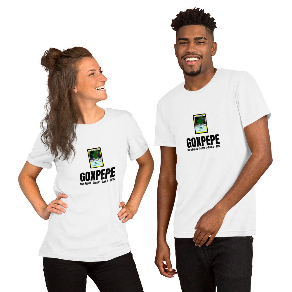 GOXPEPE by Mike — Rare Pepes Series 1 Card 2 — on a white unisex t-shirt, Couple's Front, centred