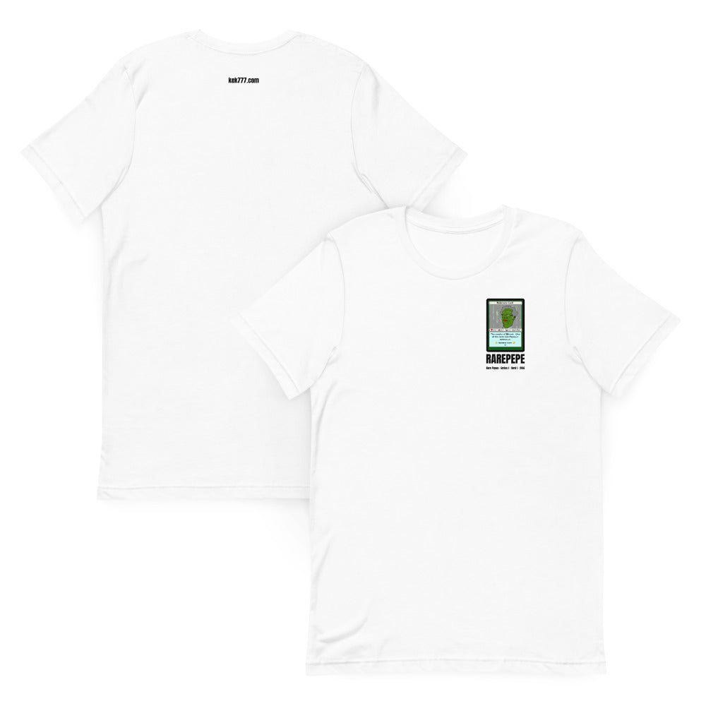 RAREPEPE by Mike — Rare Pepes Series 1 Card 1 — on a white unisex t-shirt, Collage Front and Back, left chest