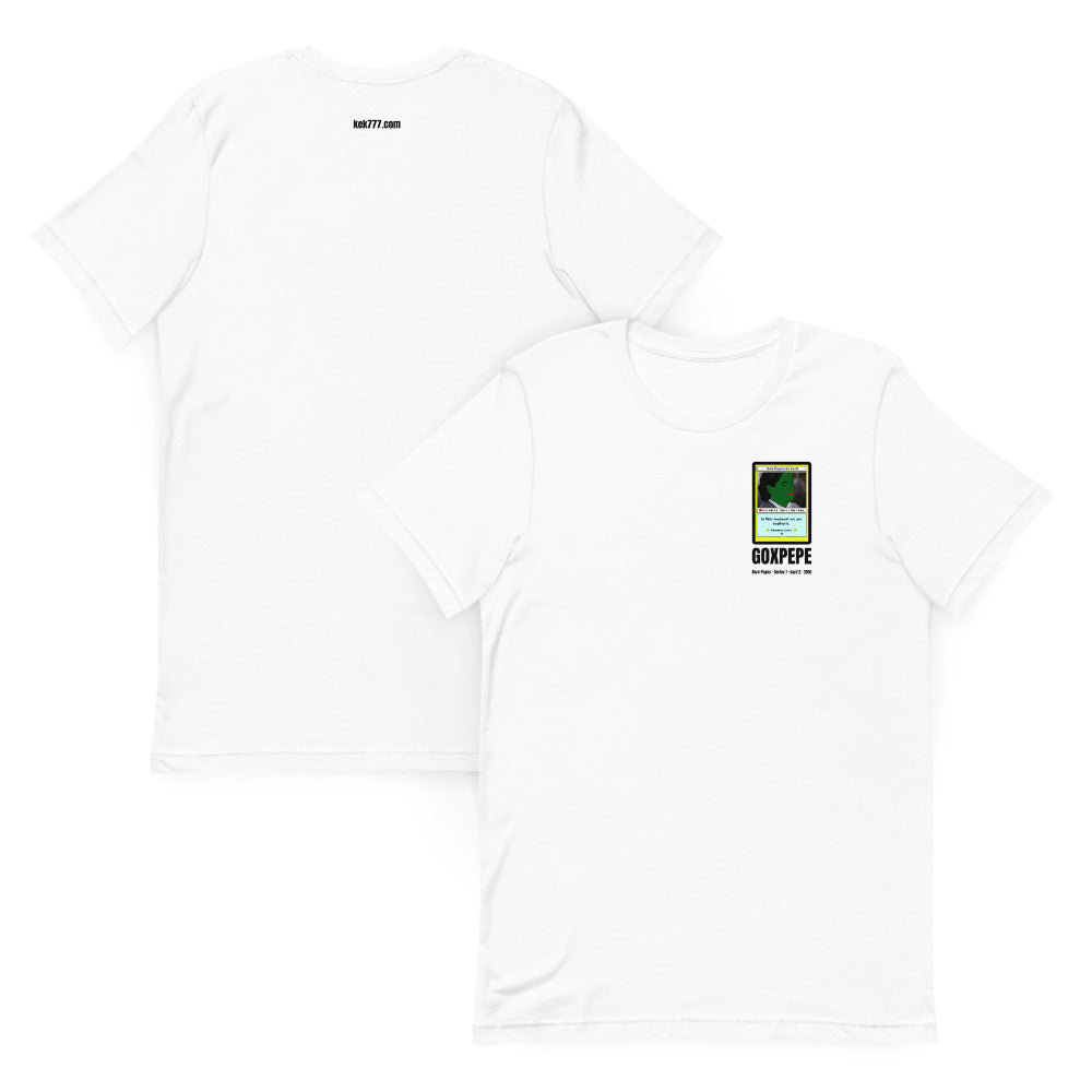 GOXPEPE by Mike — Rare Pepes Series 1 Card 2 — on a white unisex t-shirt, Collage Front and Back, left chest