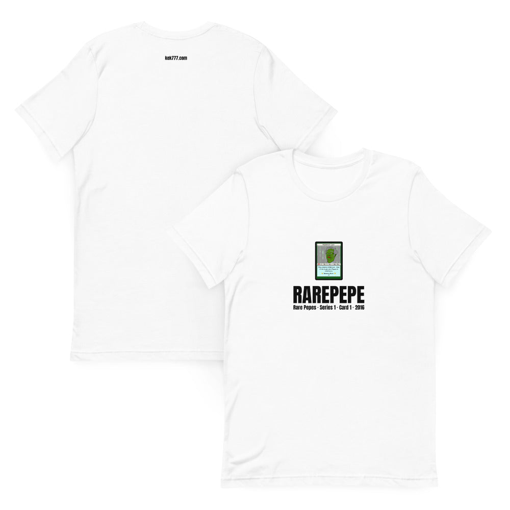 RAREPEPE by Mike — Rare Pepes Series 1 Card 1 — on a white unisex t-shirt, Collage Front and Back, centred