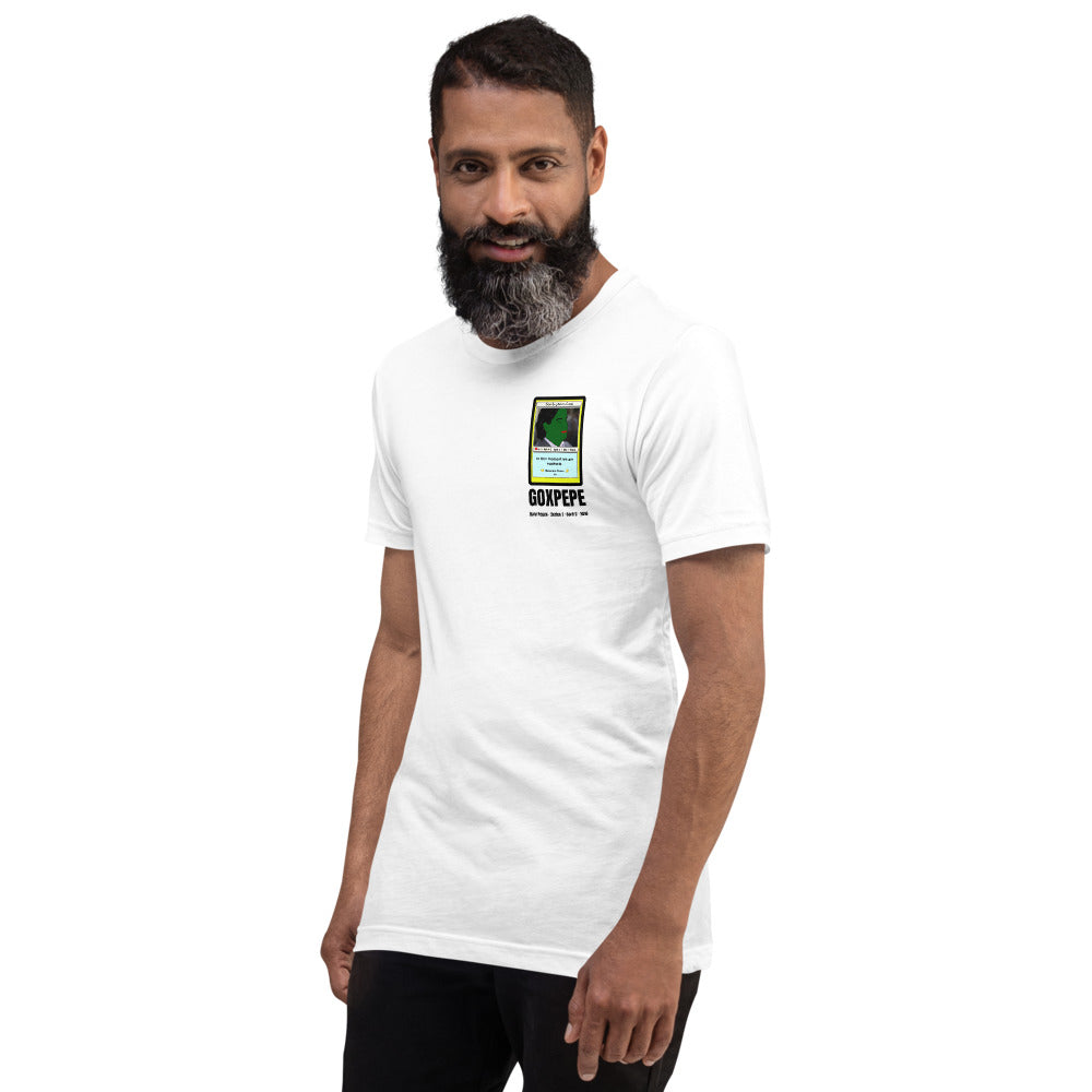 GOXPEPE by Mike — Rare Pepes Series 1 Card 2 — on a white unisex t-shirt, Men's 4 Left Front, left chest