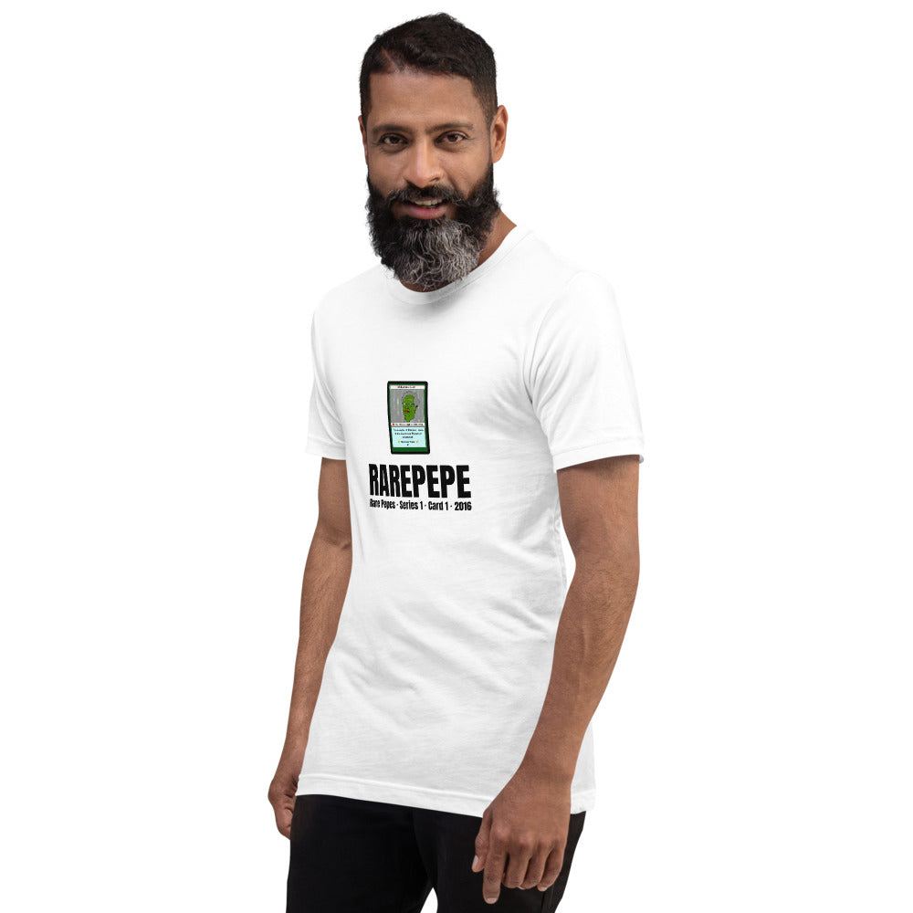 RAREPEPE by Mike — Rare Pepes Series 1 Card 1 — on a white unisex t-shirt, Men's 4 Left Front, centred