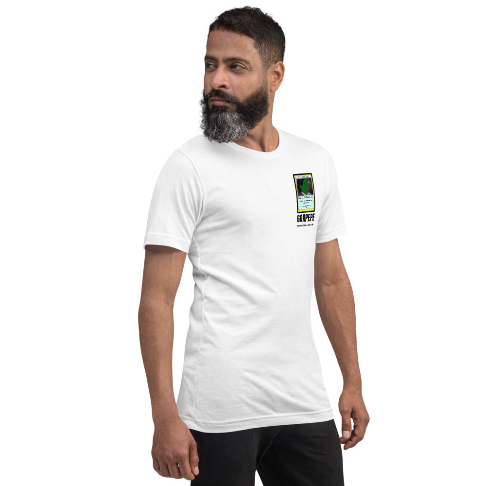 GOXPEPE by Mike — Rare Pepes Series 1 Card 2 — on a white unisex t-shirt, Men's 4 Right Front, left chest