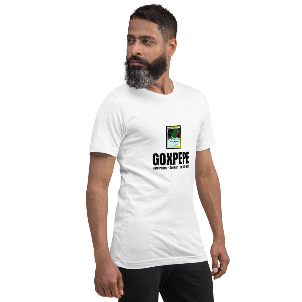 GOXPEPE by Mike — Rare Pepes Series 1 Card 2 — on a white unisex t-shirt, Men's 4 Right Front, centred