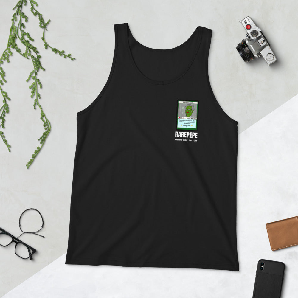 RAREPEPE by Mike — Rare Pepes Series 1 Card 1 — on a black tank top, Flat Lifestyle Front, left chest