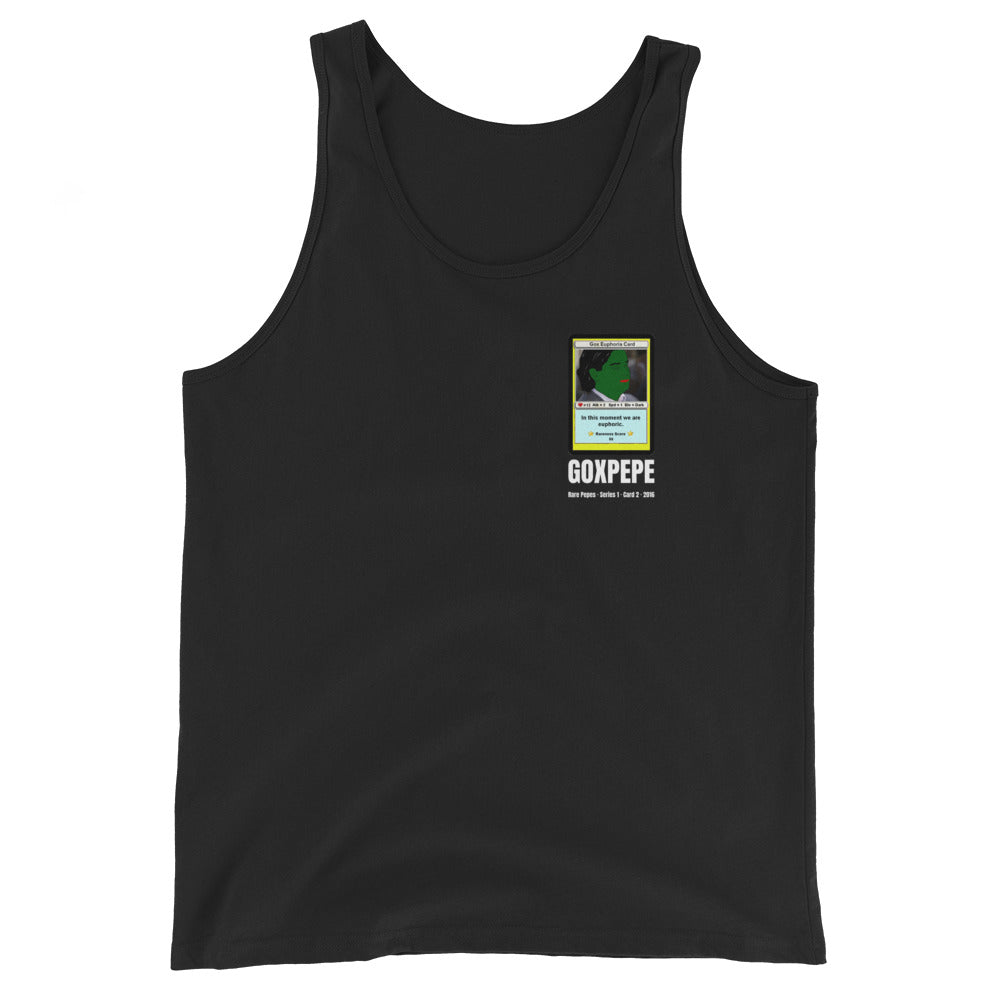 GOXPEPE by Mike — Rare Pepes Series 1 Card 2 — on a black tank top, Flat Front, left chest