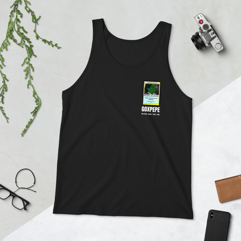 GOXPEPE by Mike — Rare Pepes Series 1 Card 2 — on a black tank top, Flat Lifestyle Front, left chest