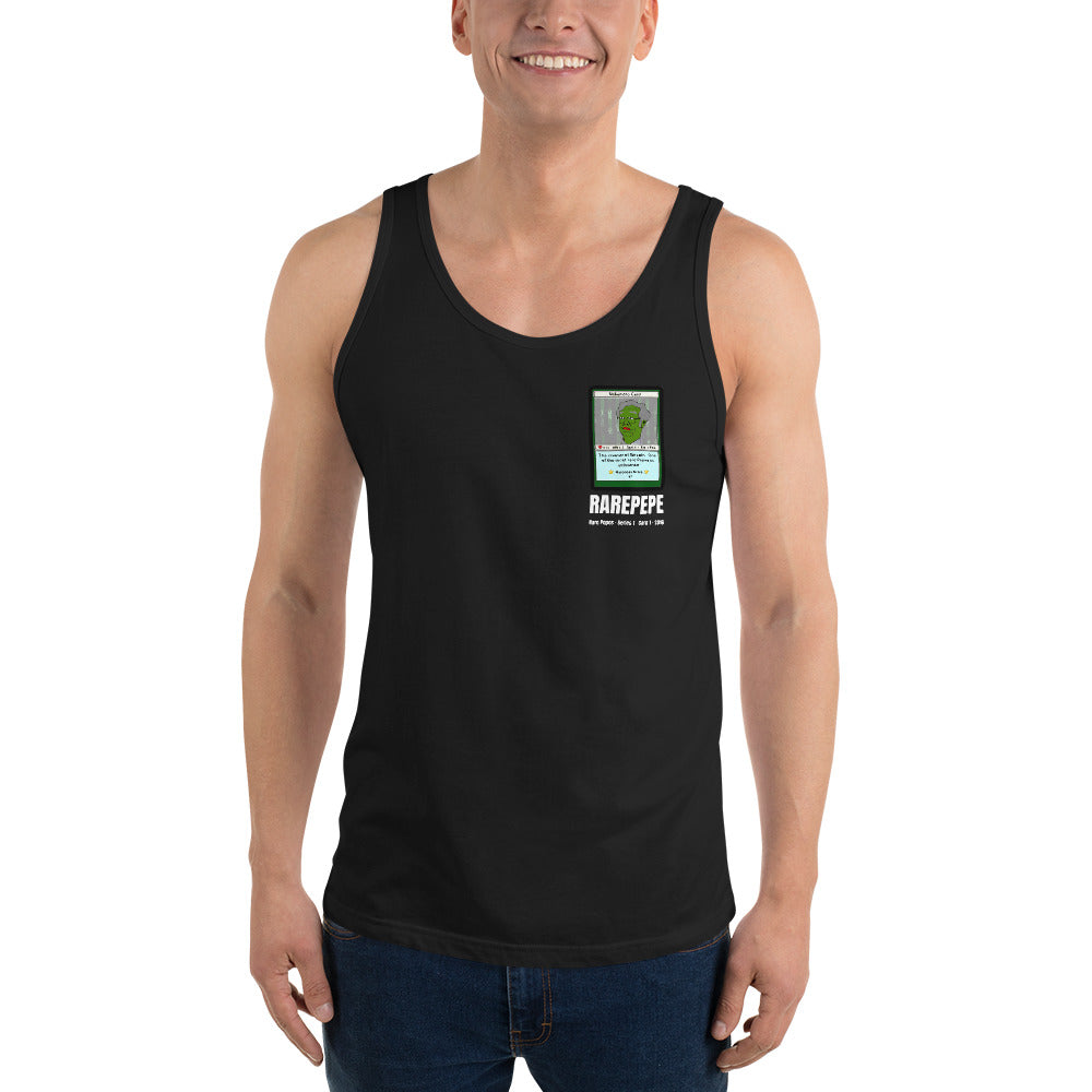 RAREPEPE by Mike — Rare Pepes Series 1 Card 1 — on a black tank top, Men's Front, left chest