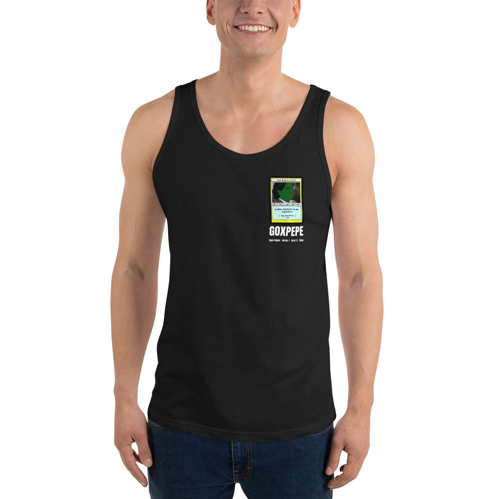GOXPEPE by Mike — Rare Pepes Series 1 Card 2 — on a black tank top, Men's Front, left chest