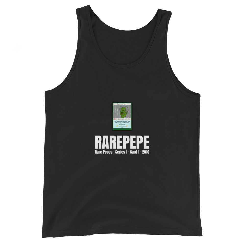 RAREPEPE by Mike — Rare Pepes Series 1 Card 1 — on a black tank top, Flat Front, centred