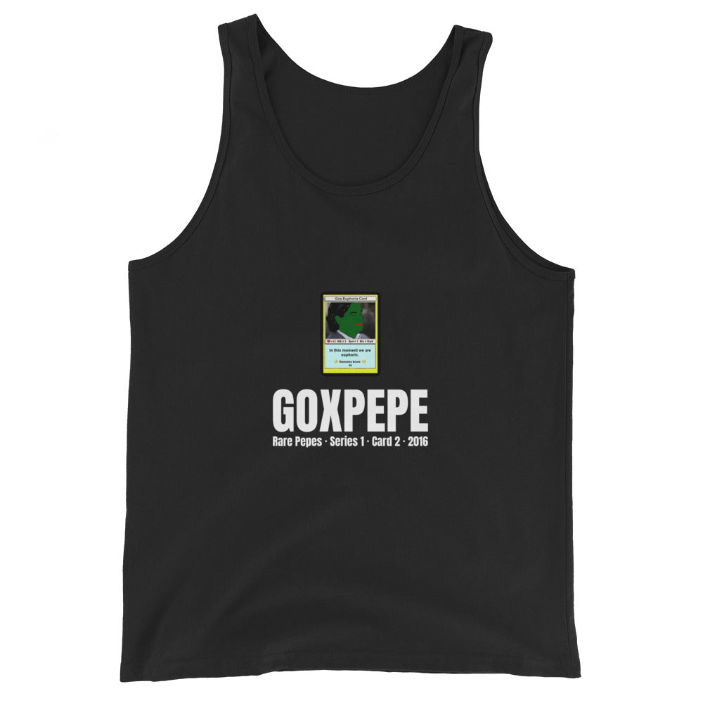 GOXPEPE by Mike — Rare Pepes Series 1 Card 2 — on a black tank top, Flat Front, centred