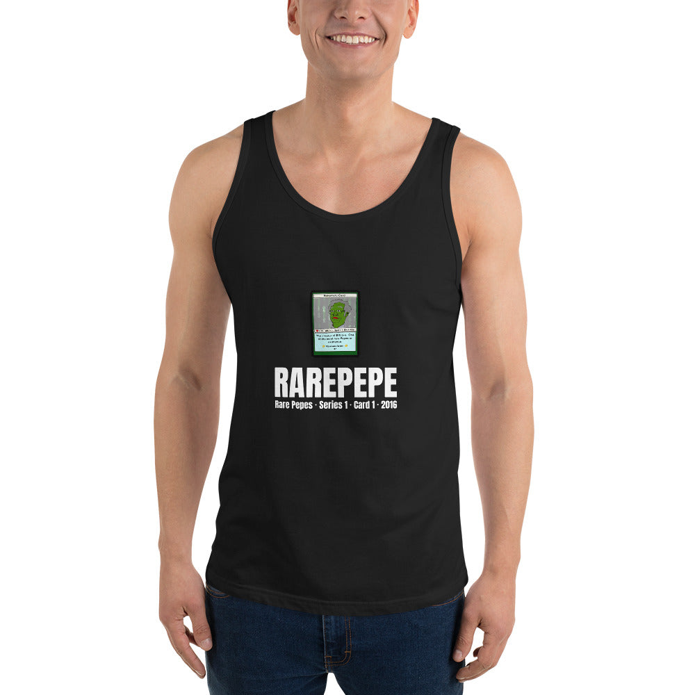 RAREPEPE by Mike — Rare Pepes Series 1 Card 1 — on a black tank top, Men's Front, centred
