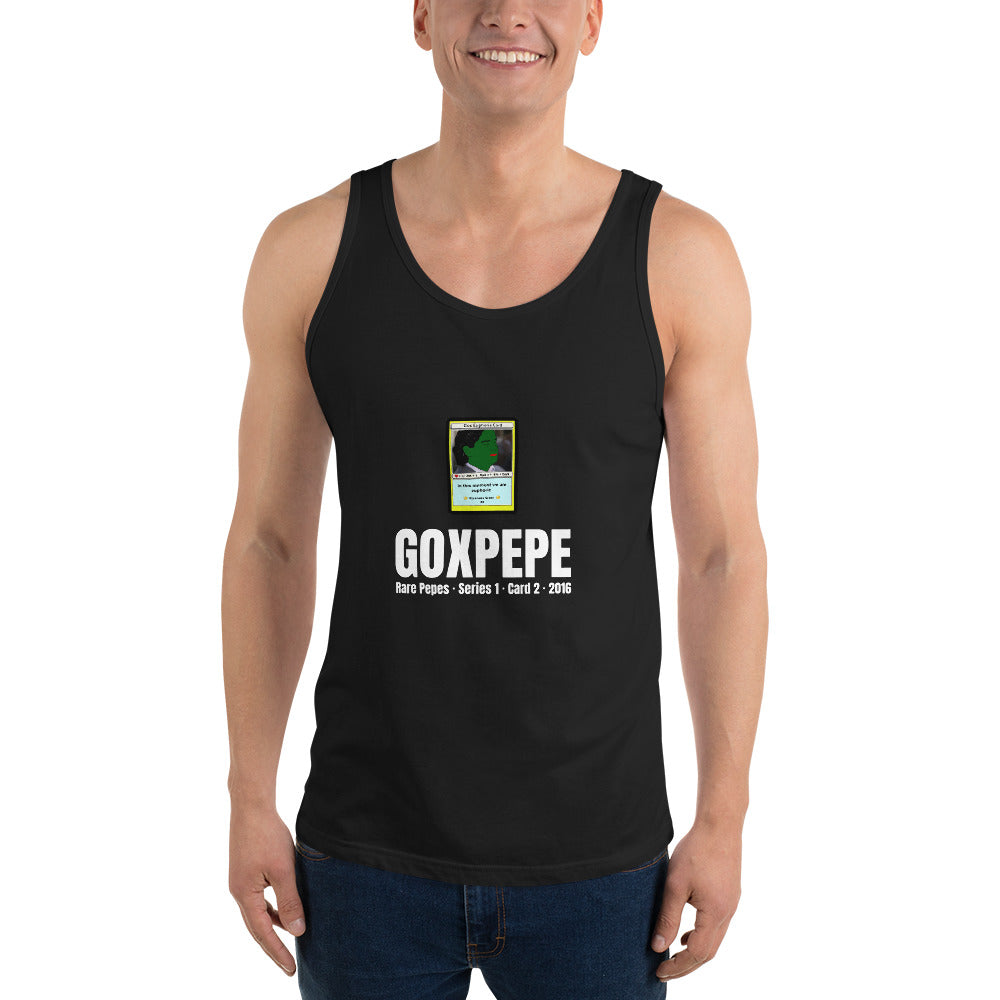 GOXPEPE by Mike — Rare Pepes Series 1 Card 2 — on a black tank top, Men's Front, centred