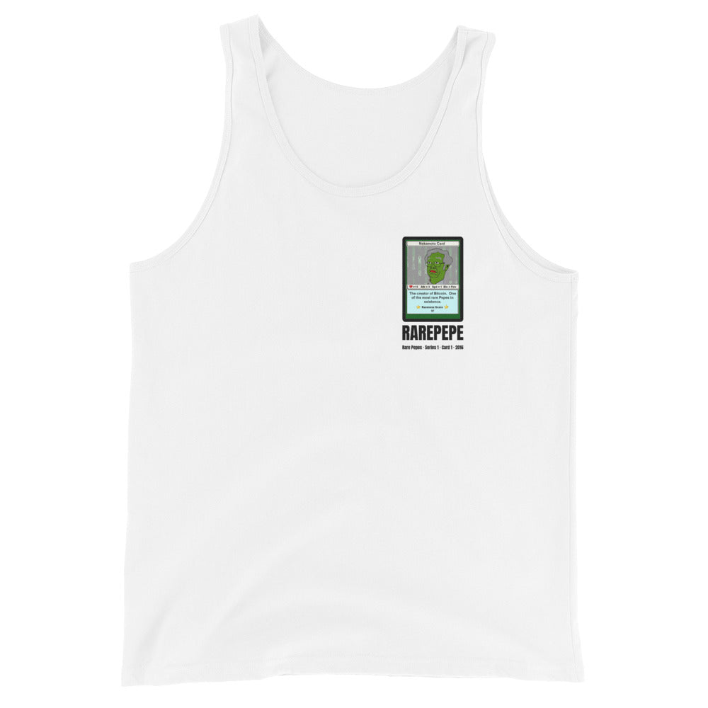 RAREPEPE by Mike — Rare Pepes Series 1 Card 1 — on a white tank top, Flat Front, left chest