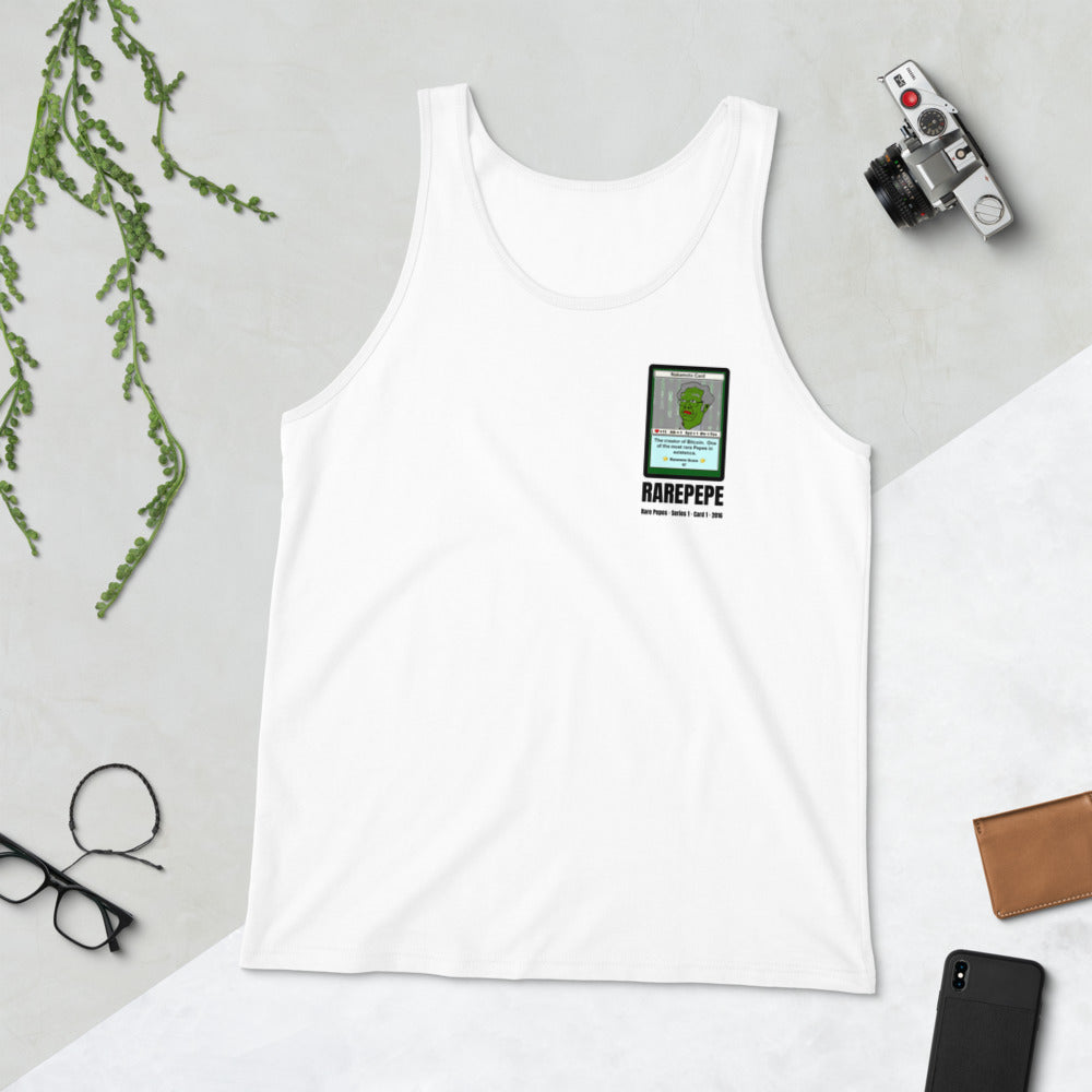 RAREPEPE by Mike — Rare Pepes Series 1 Card 1 — on a white tank top, Flat Lifestyle Front, left chest
