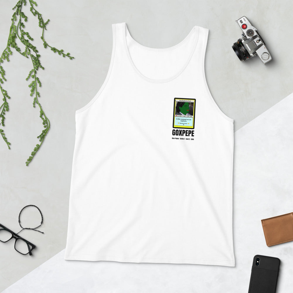 GOXPEPE by Mike — Rare Pepes Series 1 Card 2 — on a white tank top, Flat Lifestyle Front, left chest