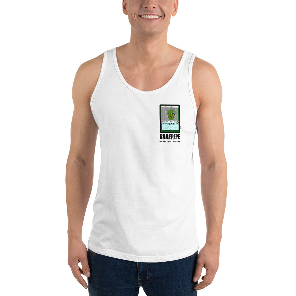 RAREPEPE by Mike — Rare Pepes Series 1 Card 1 — on a white tank top, Men's Front, left chest