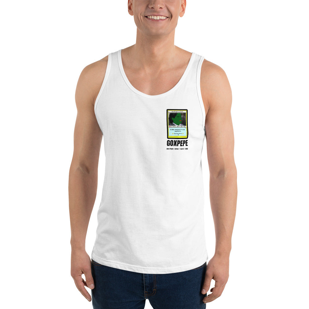GOXPEPE by Mike — Rare Pepes Series 1 Card 2 — on a white tank top, Men's Front, left chest