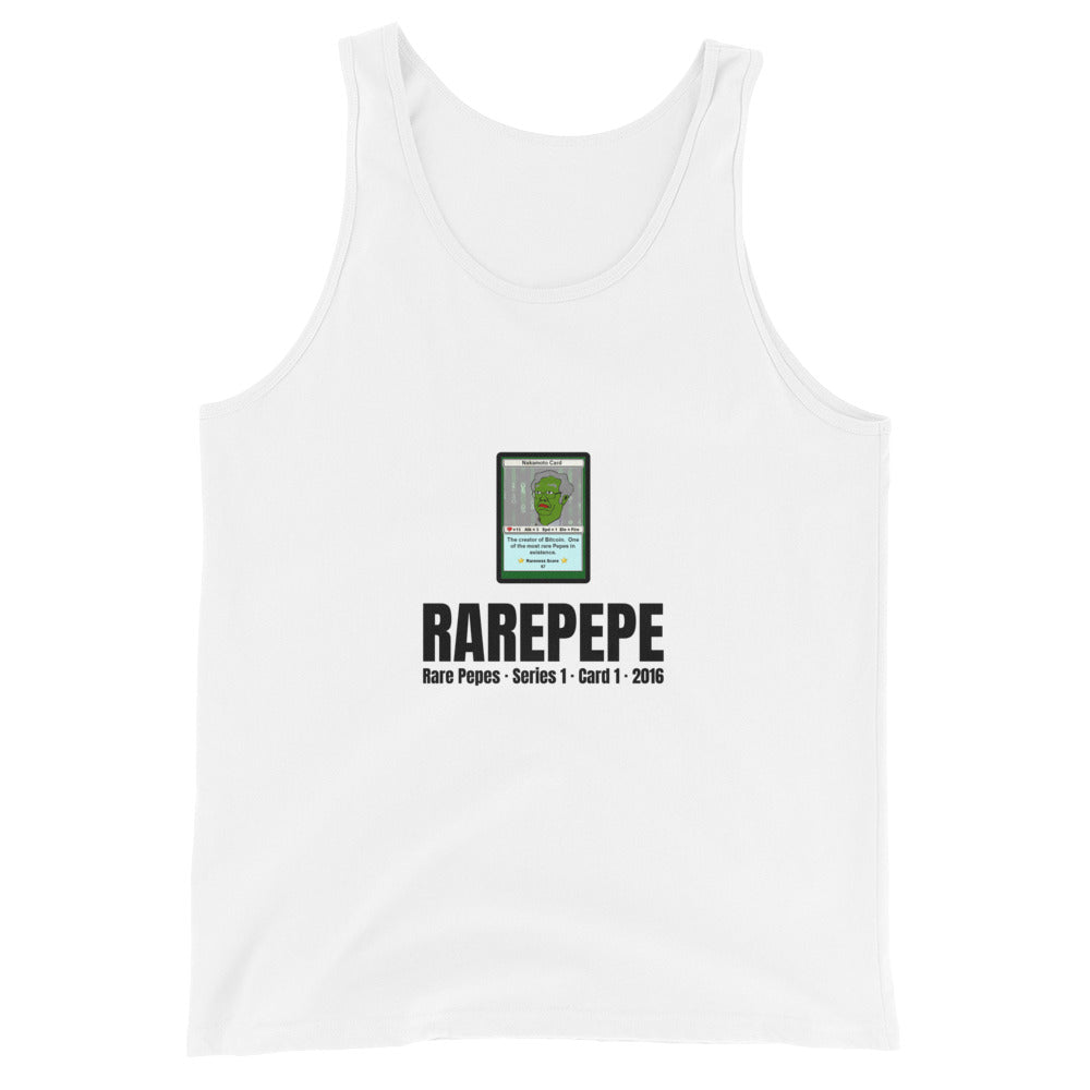 RAREPEPE by Mike — Rare Pepes Series 1 Card 1 — on a white tank top, Flat Front, centred