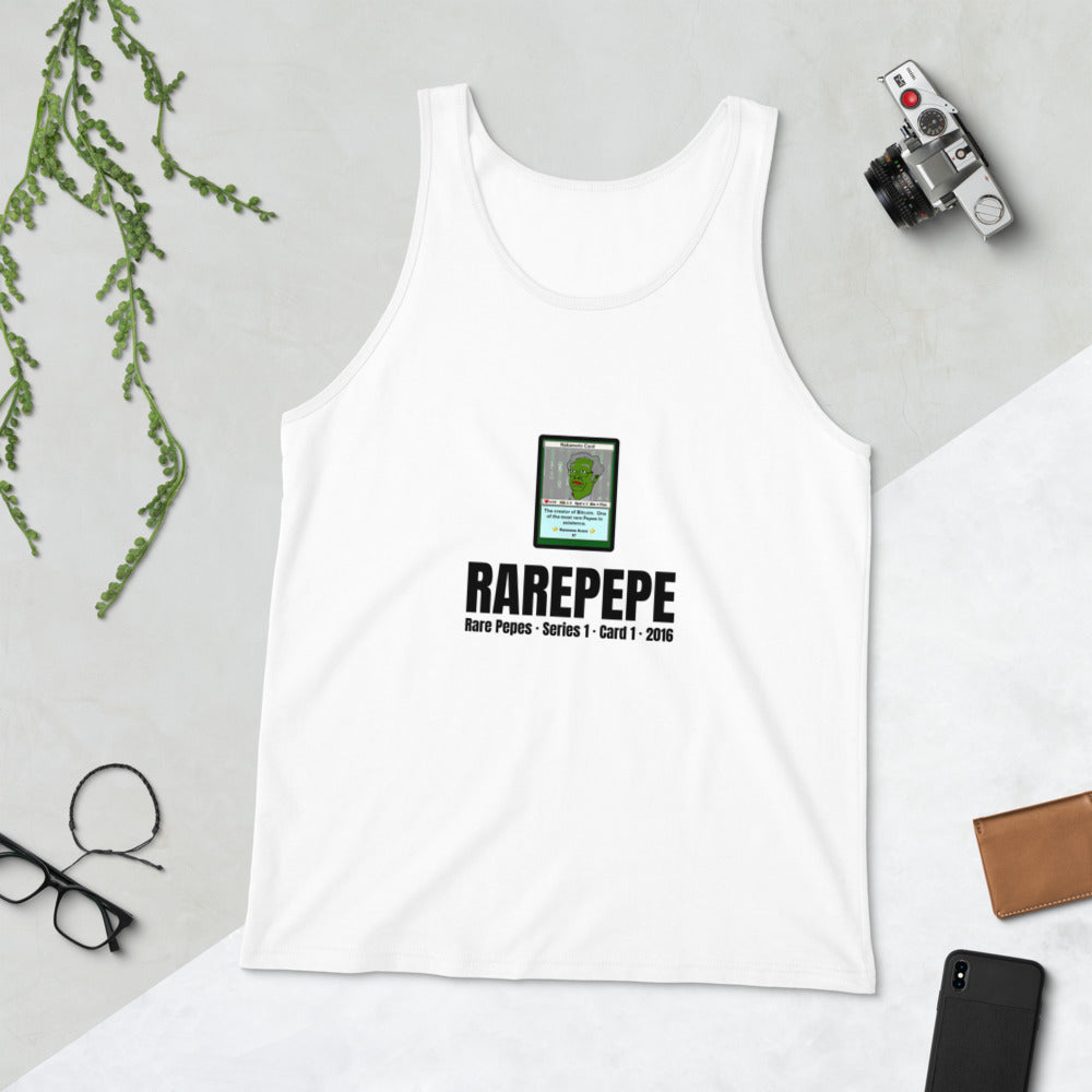 RAREPEPE by Mike — Rare Pepes Series 1 Card 1 — on a white tank top, Flat Lifestyle Front, centred