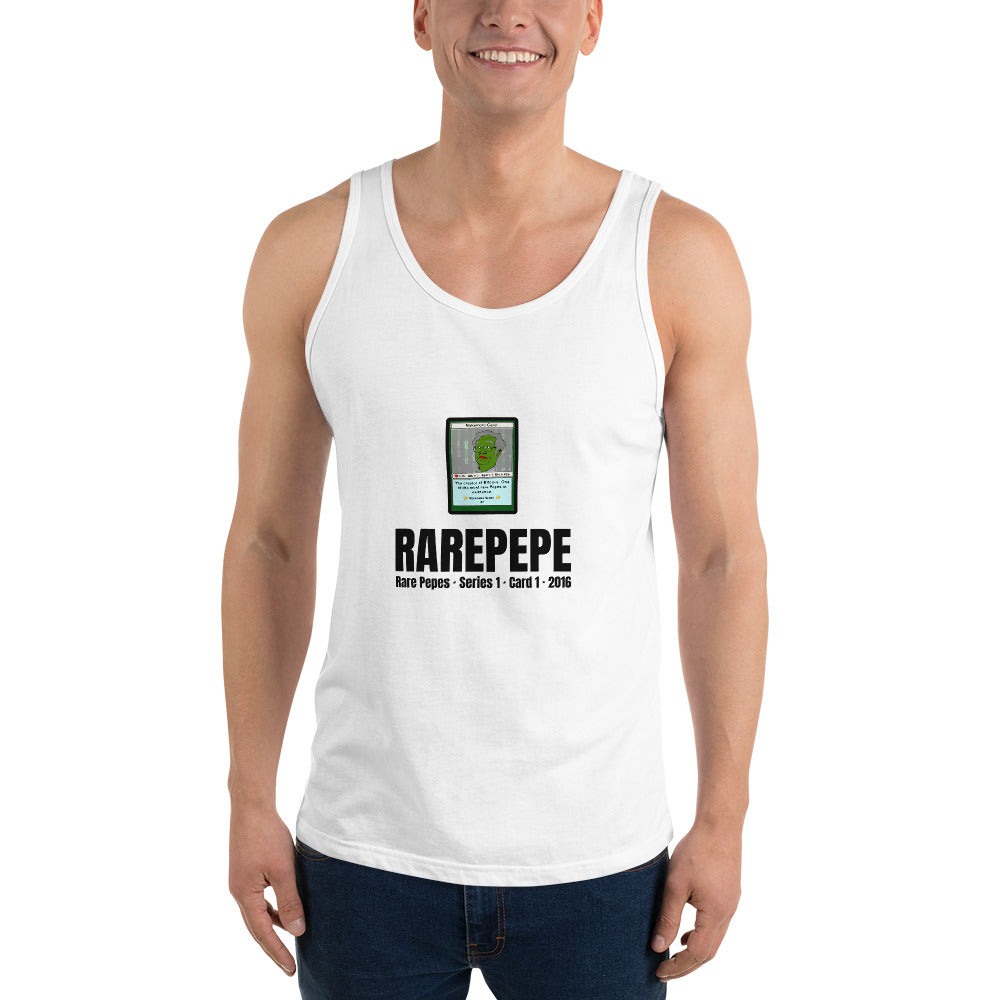 RAREPEPE by Mike — Rare Pepes Series 1 Card 1 — on a white tank top, Men's Front, centred