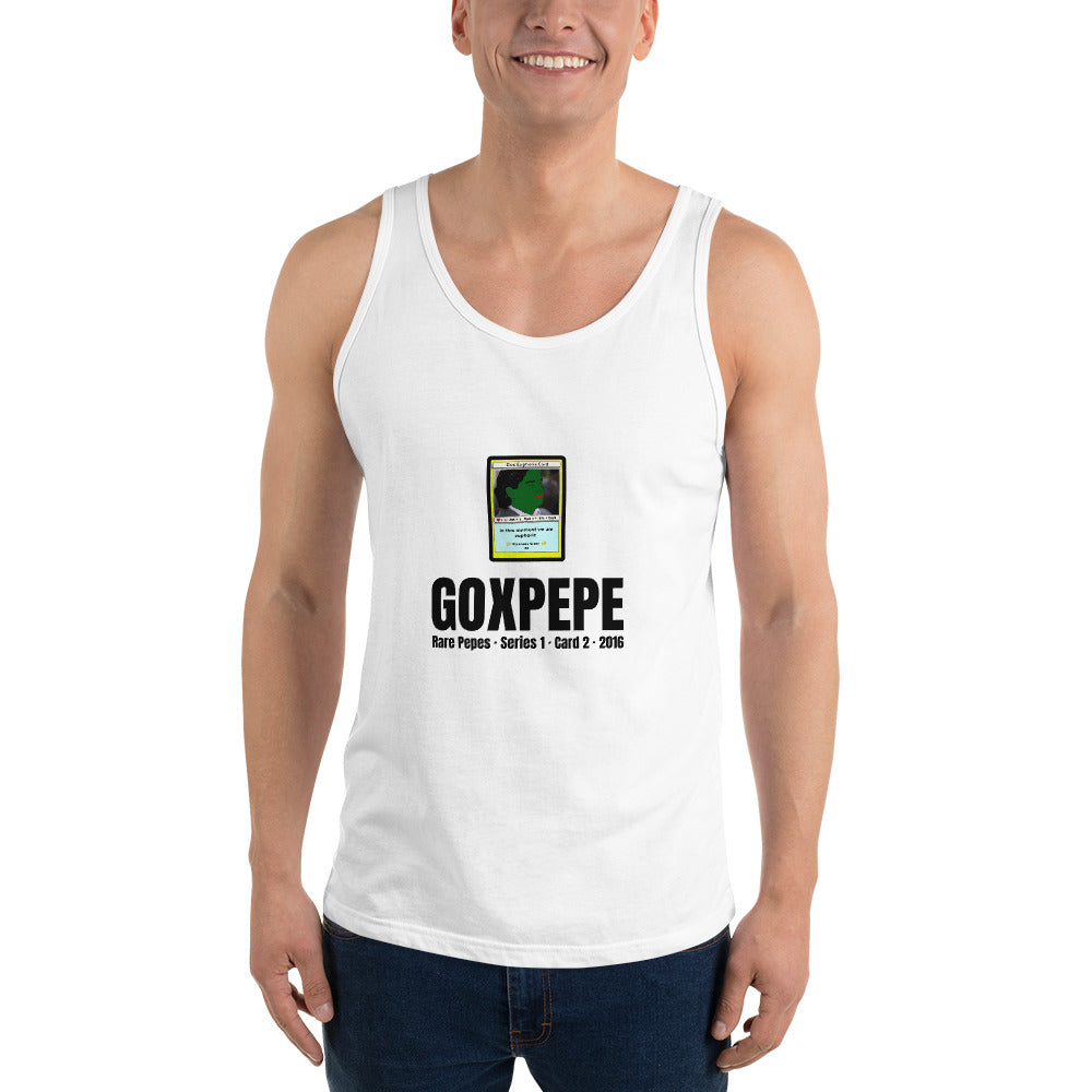 GOXPEPE by Mike — Rare Pepes Series 1 Card 2 — on a white tank top, Men's Front, centred