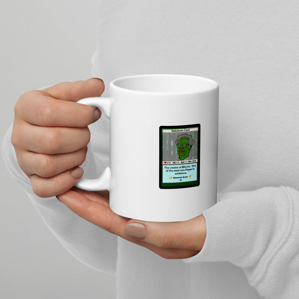 RAREPEPE by Mike — Rare Pepes Series 1 Card 1 — on a mug, 11 oz, Lifestyle 3 Handle on Left